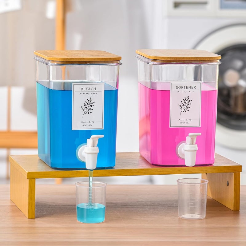 RoleDes Liquid Laundry Detergent Dispenser Set with Shelf and Bamboo Lids for Laundry Room Organization and Storage - 2 Pack 96 oz Laundry Containers for Laundry Soap, Fabric Softener - Image 1
